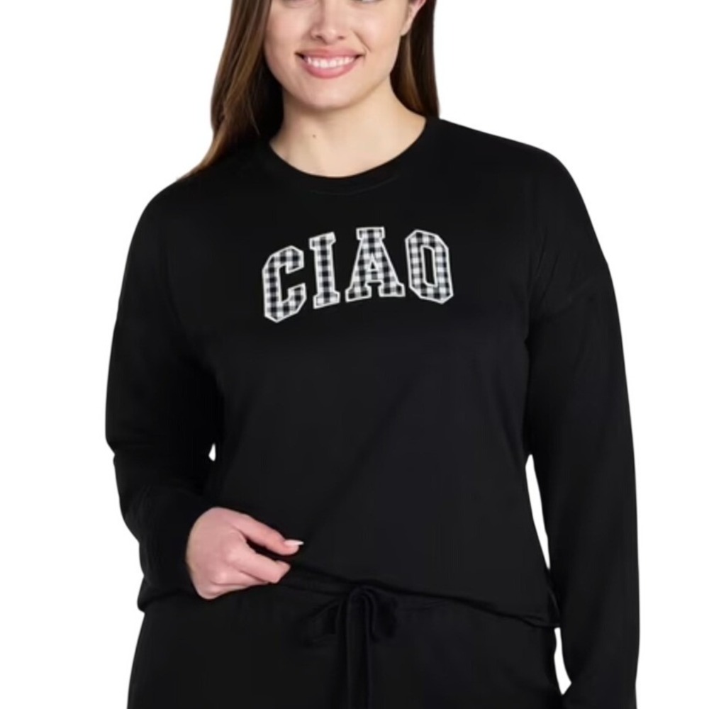 Joyspun Womens Ciao Gingham Graphic Sleep Top Black Long Sleeve 2X 18W-20W NEW